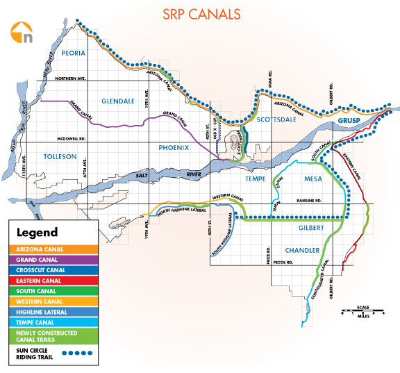 Map showing SRP canals throughout the Greater Phoenix area, including the Arizona Canal, Grand Canal, Crosscut Canal, Eastern Canal, South Canal, Western Canal, Highline Lateral, Tempe Canal, newly constructed canal trails and Sun Circle Riding Trail.