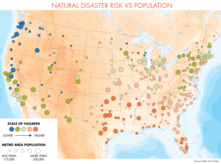 Map of the United States showing natural disaster risk v. population. Greater Phoenix has a low natural disaster risk and a population higher than 500,000.