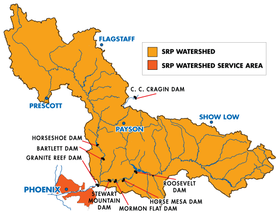 Map showing the SRP watershed, which includes Flagstaff, Prescott, Payson and Show Low, as well as the SRP watershed service area in Greater Phoenix. Also shown on the map are C.C. Cragin Dam, Horseshoe Dam, Bartlett Dam, Granite Reef Dam, Roosevelt Dam, Horse Mesa Dam, Mormon Flat Dam and Stewart Mountain Dam.